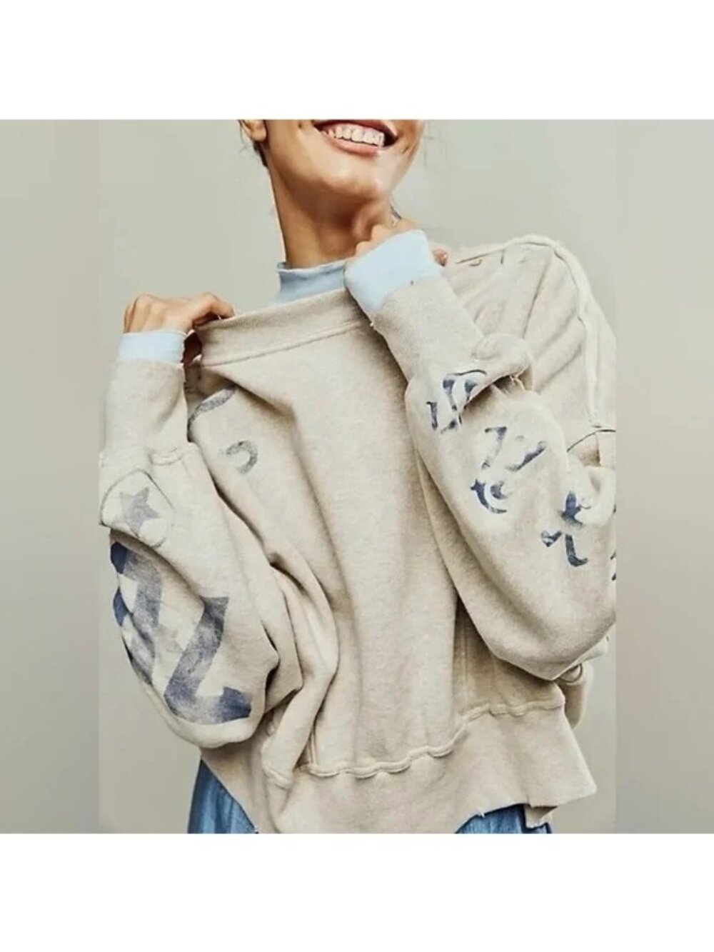 Free People Gaia Sweatshirt Boho Oatmeal Texas Oversized Casual Womens L